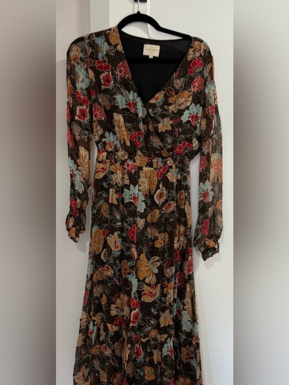 Sezane Floral Long Sleeve Midi Dress with Mustard & Red Bloom - Picture 3 of 3